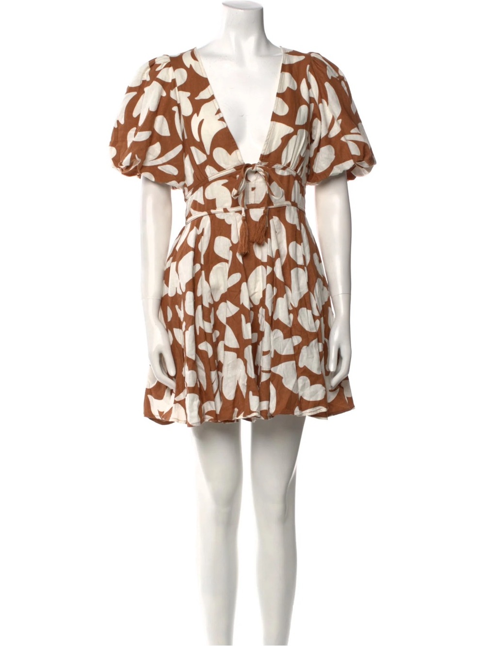 House of Harlow 1960 Brown & White V-Neck Puff Sleeve Mini Dress